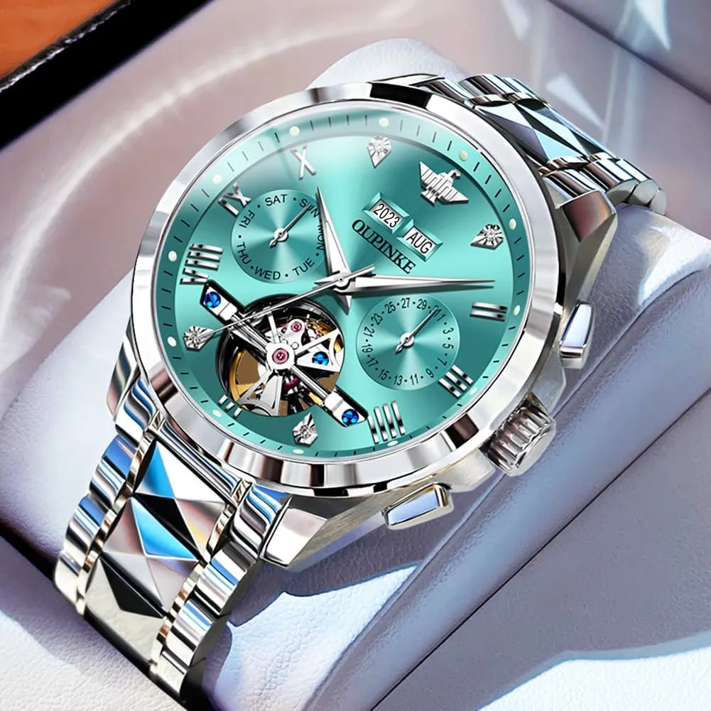 Roman Numeral Scale Male Watch Two Tone Stainless Steel Strap Diamond Luxury Business Luminous Waterproof Watch OUPINKE whom Men's Automatic Self Winding Mechanical Wrist Watch 