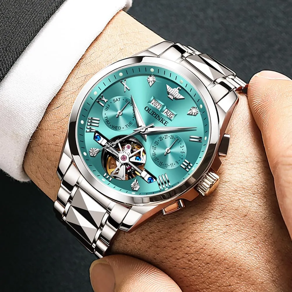 Roman Numeral Scale Male Watch Two Tone Stainless Steel Strap Diamond Luxury Business Luminous Waterproof Watch OUPINKE whom Men's Automatic Self Winding Mechanical Wrist Watch 