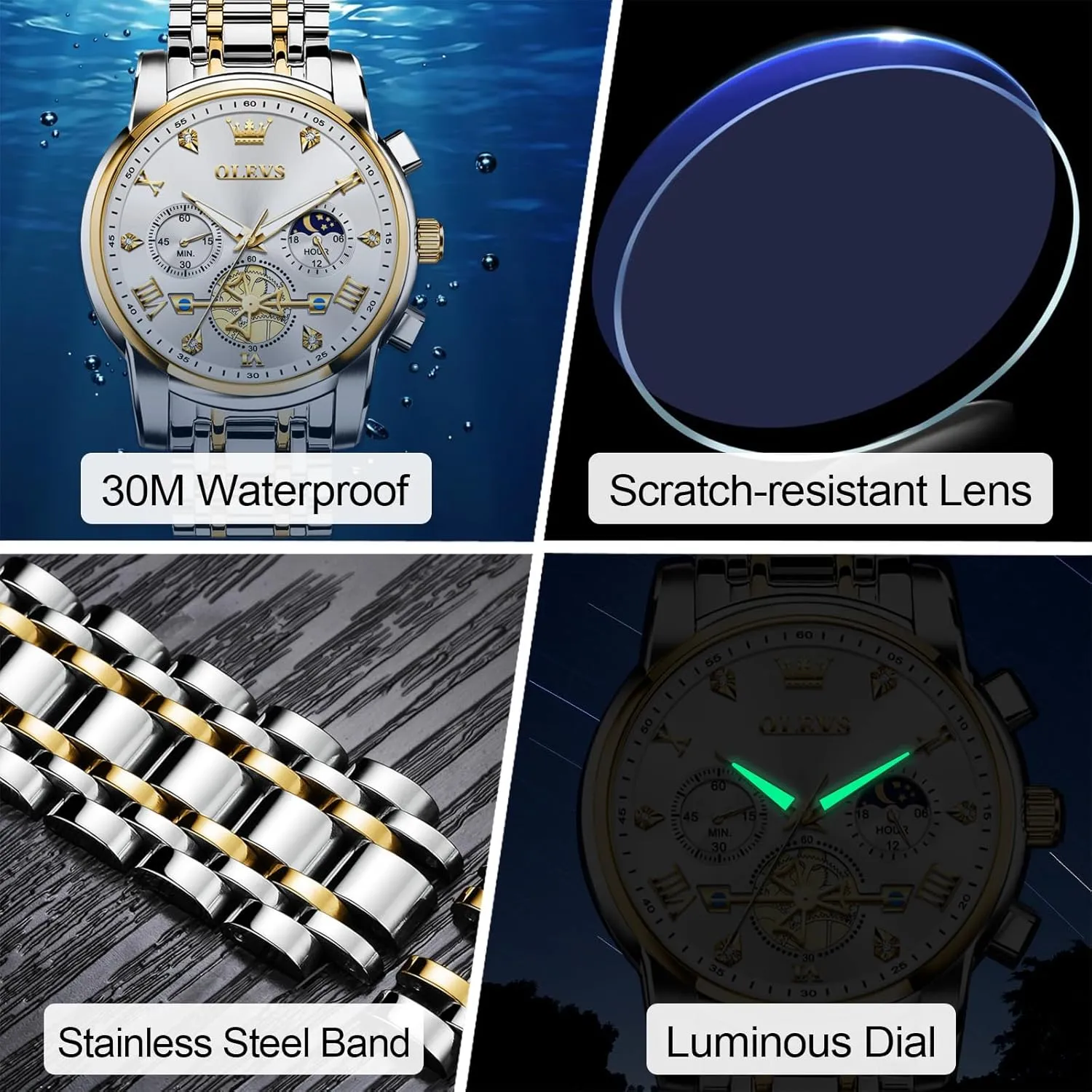 Roman Numerals Diamond Accented Analog Dress Watches for Men, Elegant Waterproof Luminous Male Quartz Wristwatch OLEVS Men's Stainless Steel Chronograph Watch, upsurge harsh infrequently Large Face Easy to Read 