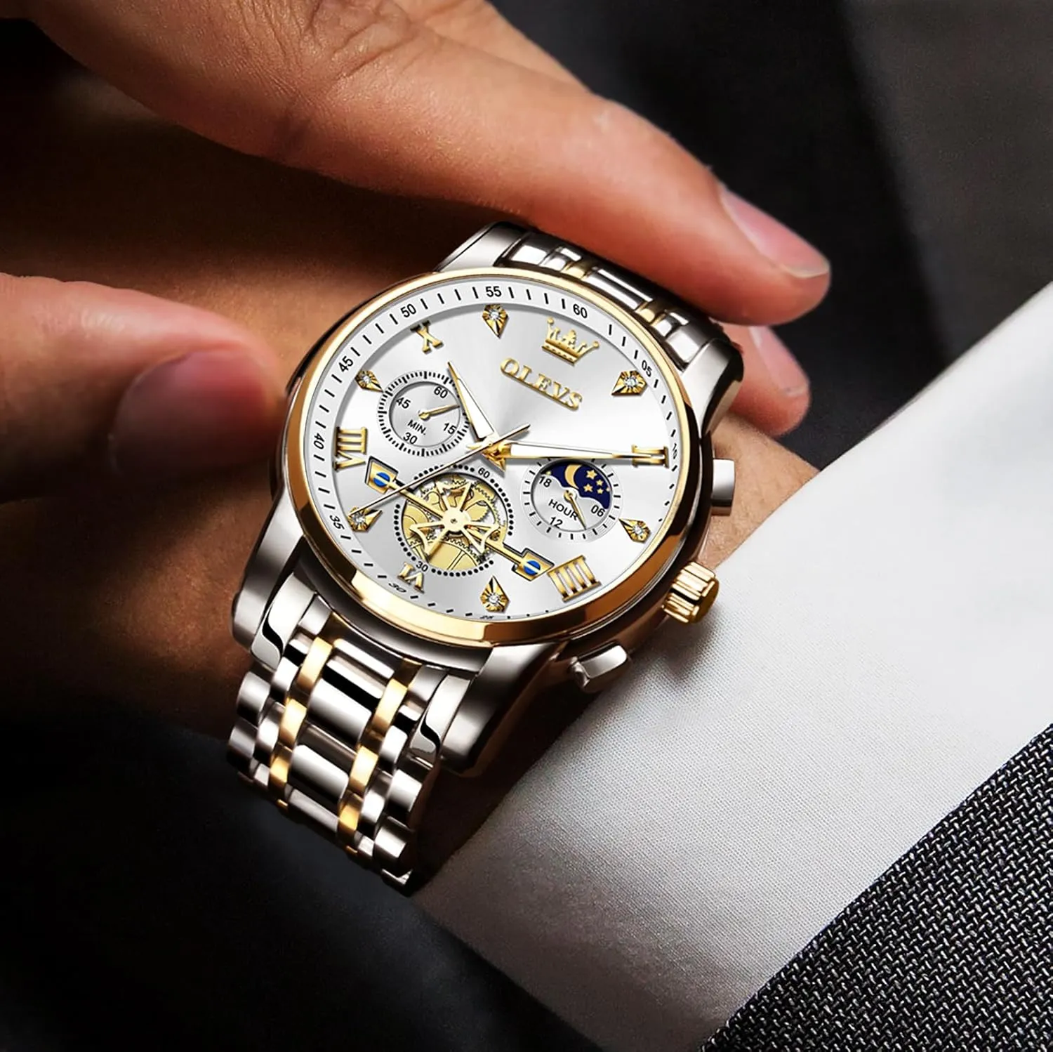 Roman Numerals Diamond Accented Analog Dress Watches for Men, Elegant Waterproof Luminous Male Quartz Wristwatch OLEVS Men's Stainless Steel Chronograph Watch, upsurge harsh infrequently Large Face Easy to Read 