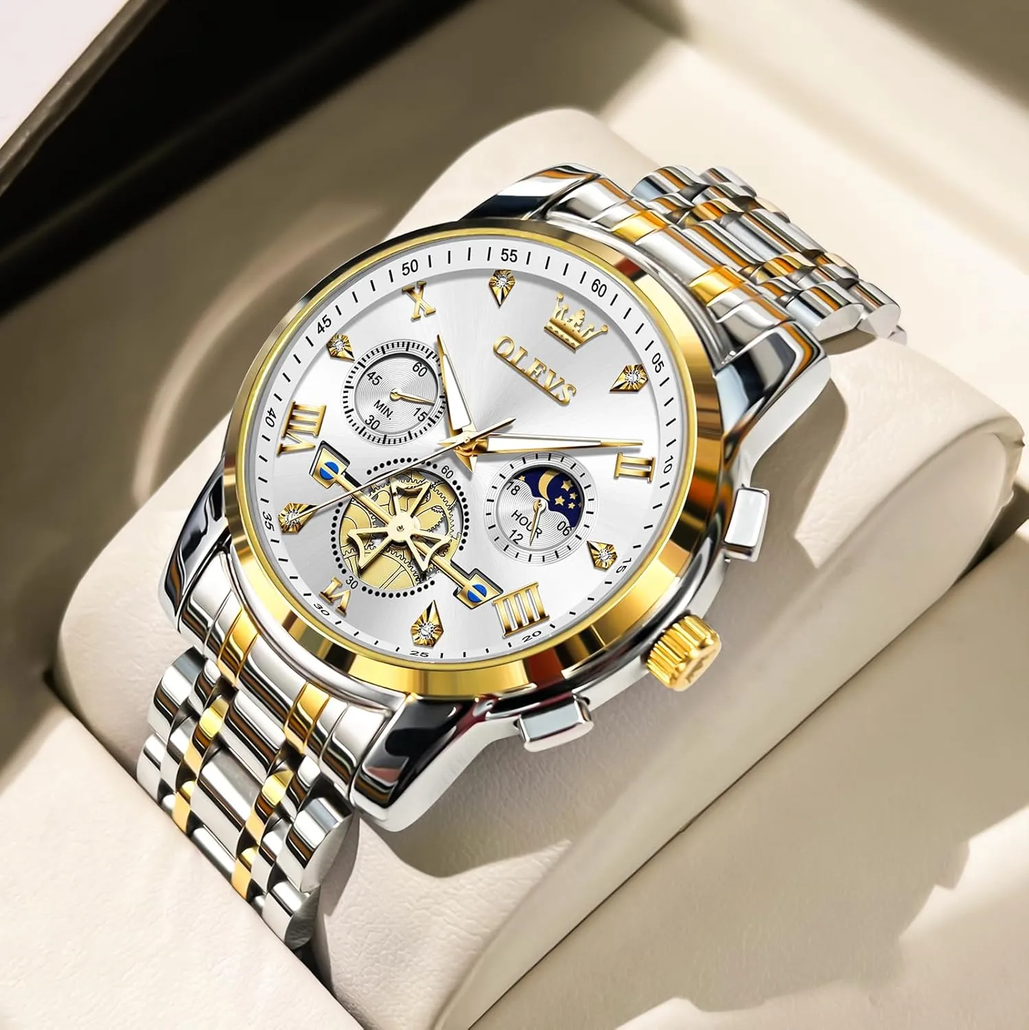 Roman Numerals Diamond Accented Analog Dress Watches for Men, Elegant Waterproof Luminous Male Quartz Wristwatch OLEVS Men's Stainless Steel Chronograph Watch, upsurge harsh infrequently Large Face Easy to Read 