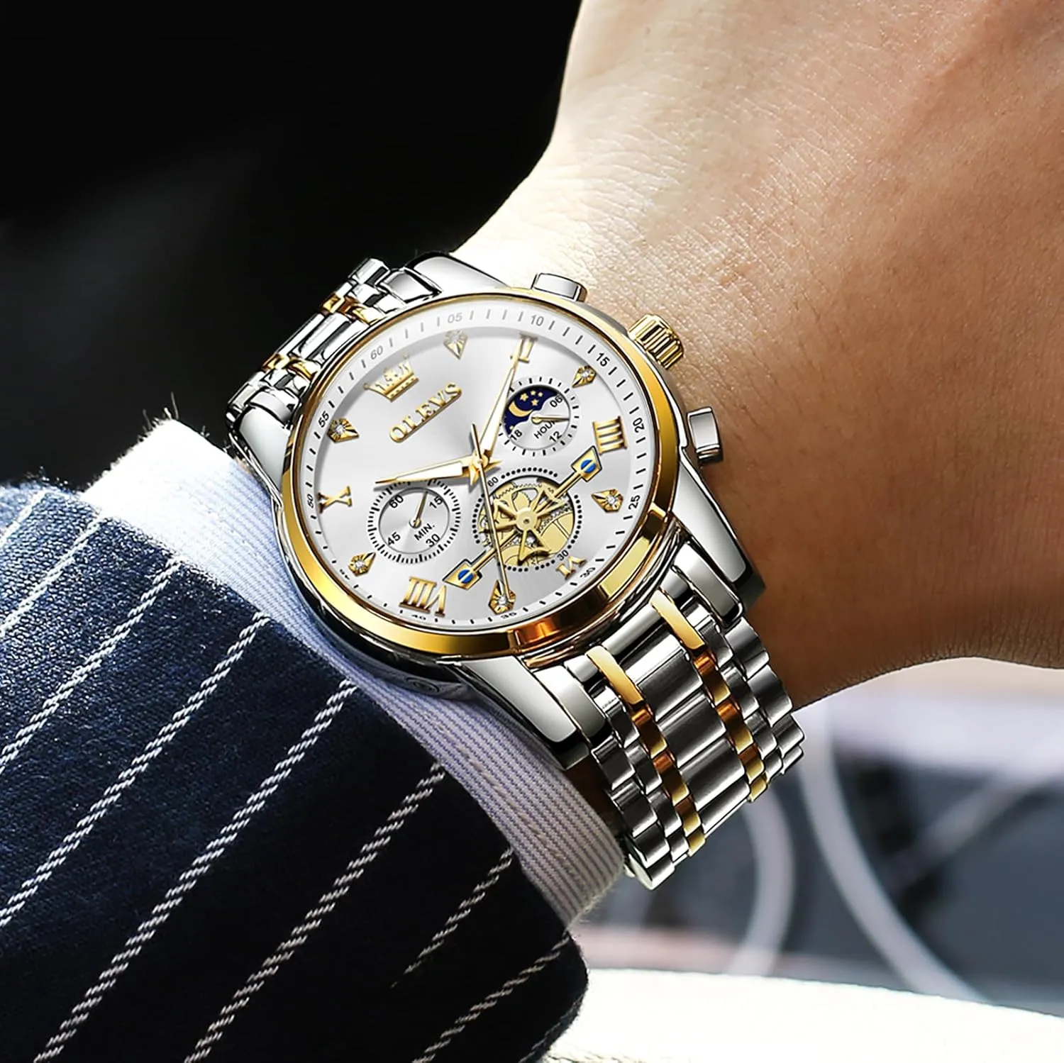 Roman Numerals Diamond Accented Analog Dress Watches for Men, Elegant Waterproof Luminous Male Quartz Wristwatch OLEVS Men's Stainless Steel Chronograph Watch, upsurge harsh infrequently Large Face Easy to Read 