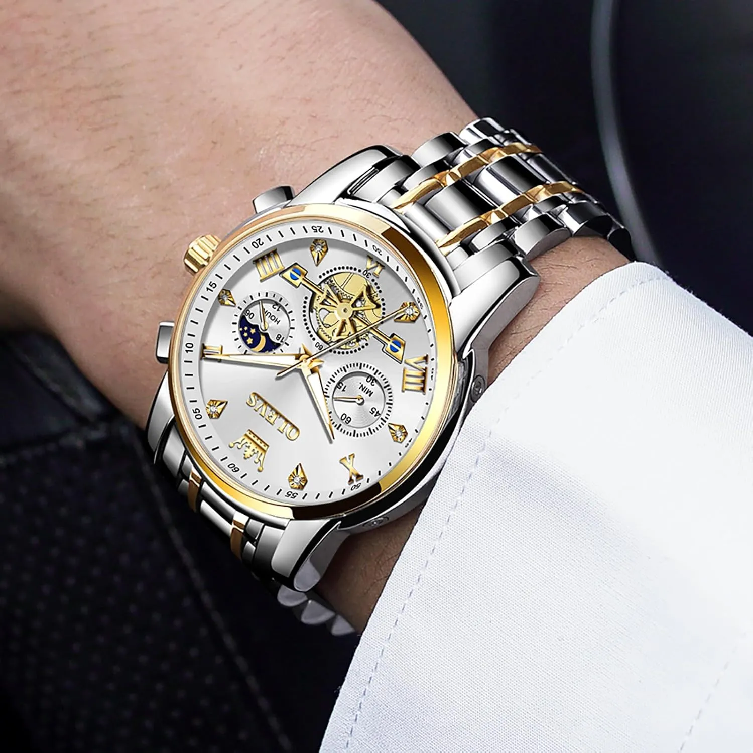 Roman Numerals Diamond Accented Analog Dress Watches for Men, Elegant Waterproof Luminous Male Quartz Wristwatch OLEVS Men's Stainless Steel Chronograph Watch, upsurge harsh infrequently Large Face Easy to Read 