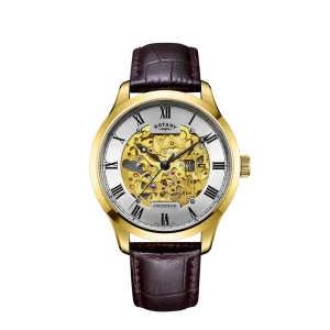 Rotary Gents Gold Skeleton Automatic 'Greenwich' & Brown Strap Watch