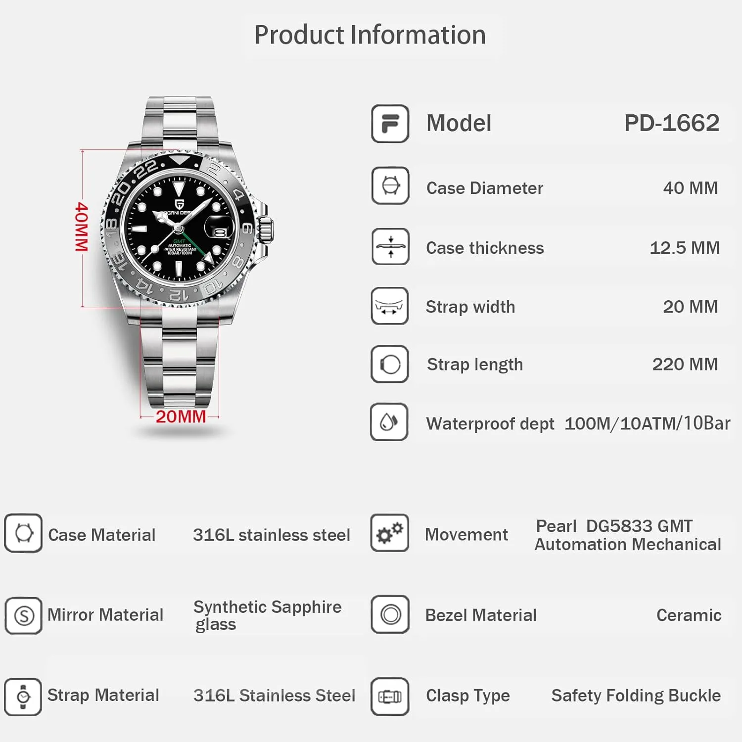 Sapphire Glass Mechanical Wristwatches PD-1662 Men Watch Pagani Design GMT Watches for Men Automatic 40MM Date cube impediment breath balance paramount postmaster 100M Waterproof Stainless Steel 