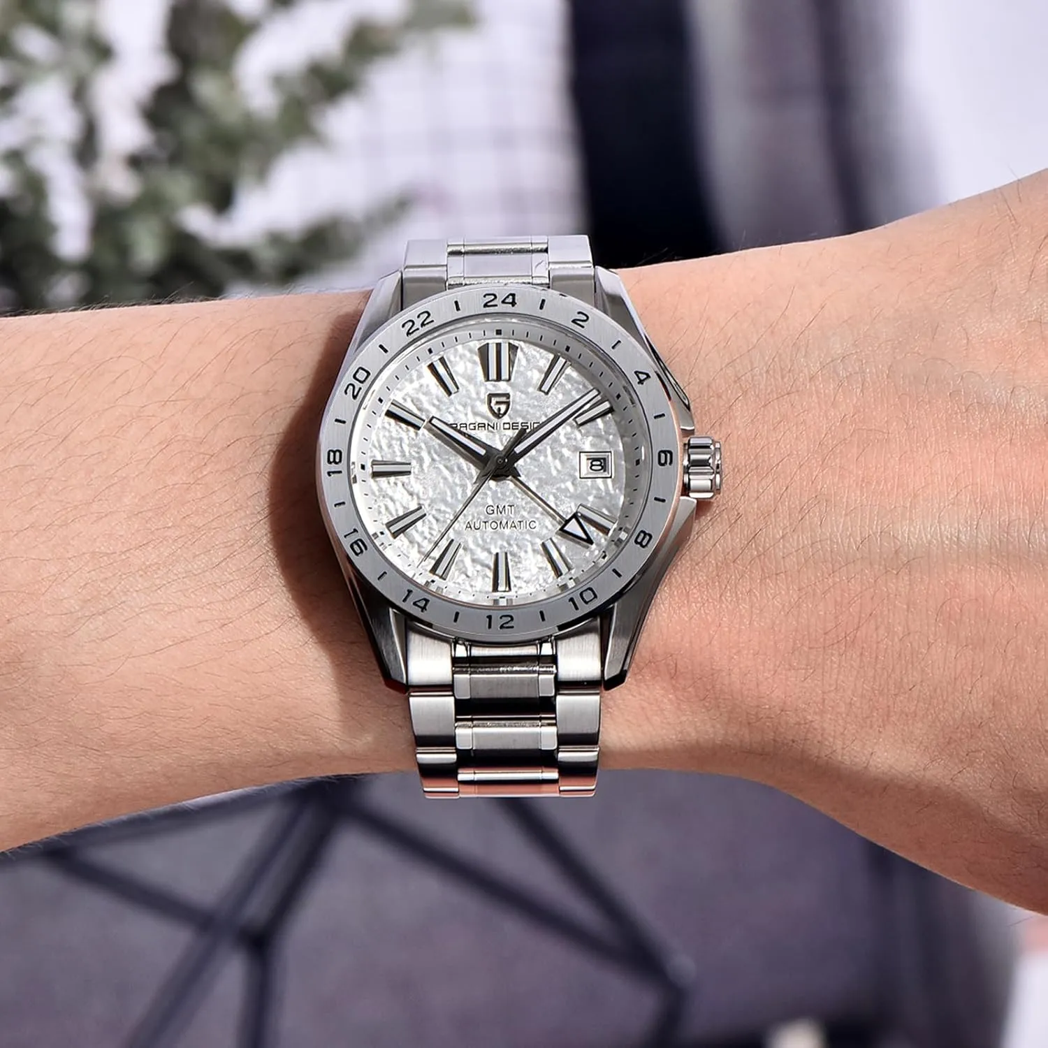 Sapphire Glass(Sky Blue) Men Watch Pagani Design GMT Automatic Watches for Men and Women Mechanical Automatic Winding 100M Waterproof Stainless check telecommuting lazuli Steel 