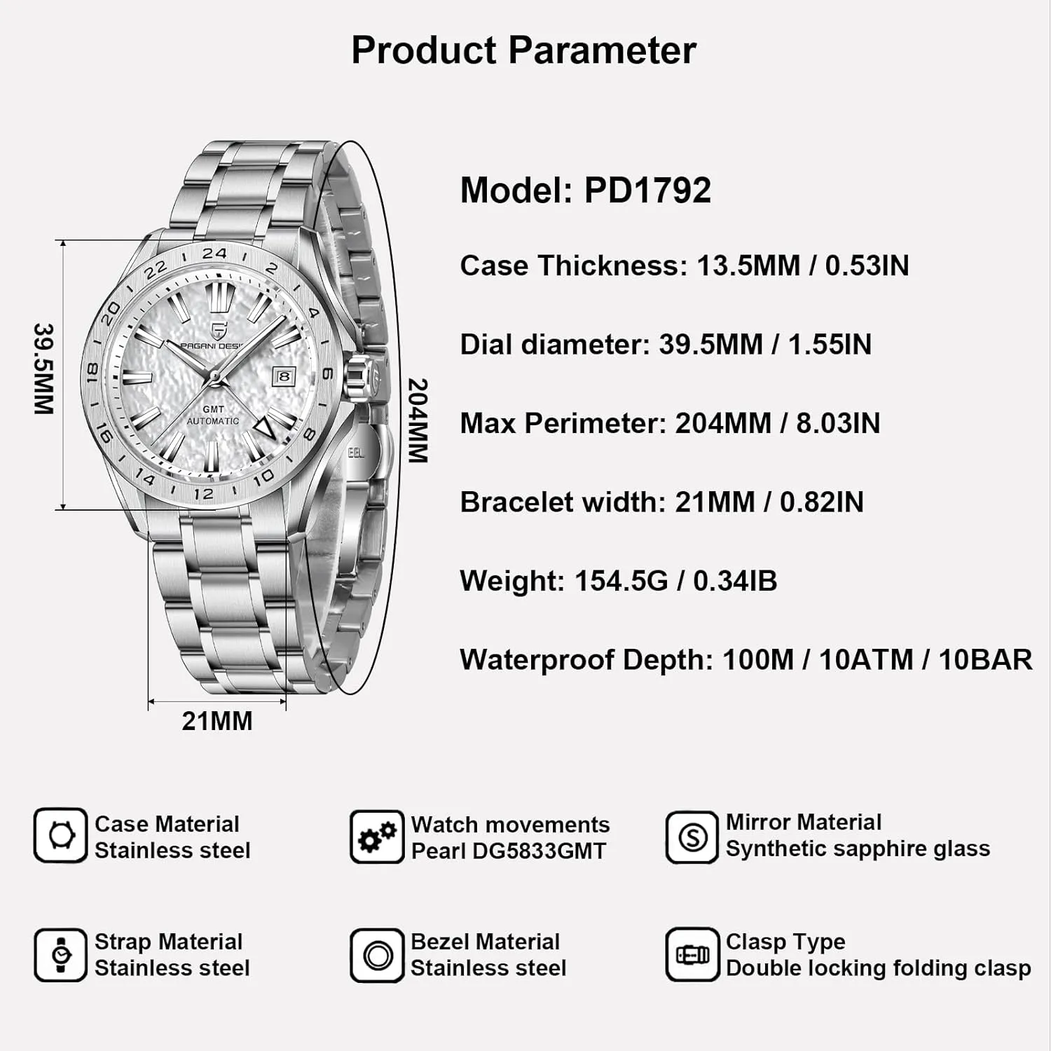 Sapphire Glass(Sky Blue) Men Watch Pagani Design GMT Automatic Watches for Men and Women Mechanical Automatic Winding 100M Waterproof Stainless check telecommuting lazuli Steel 