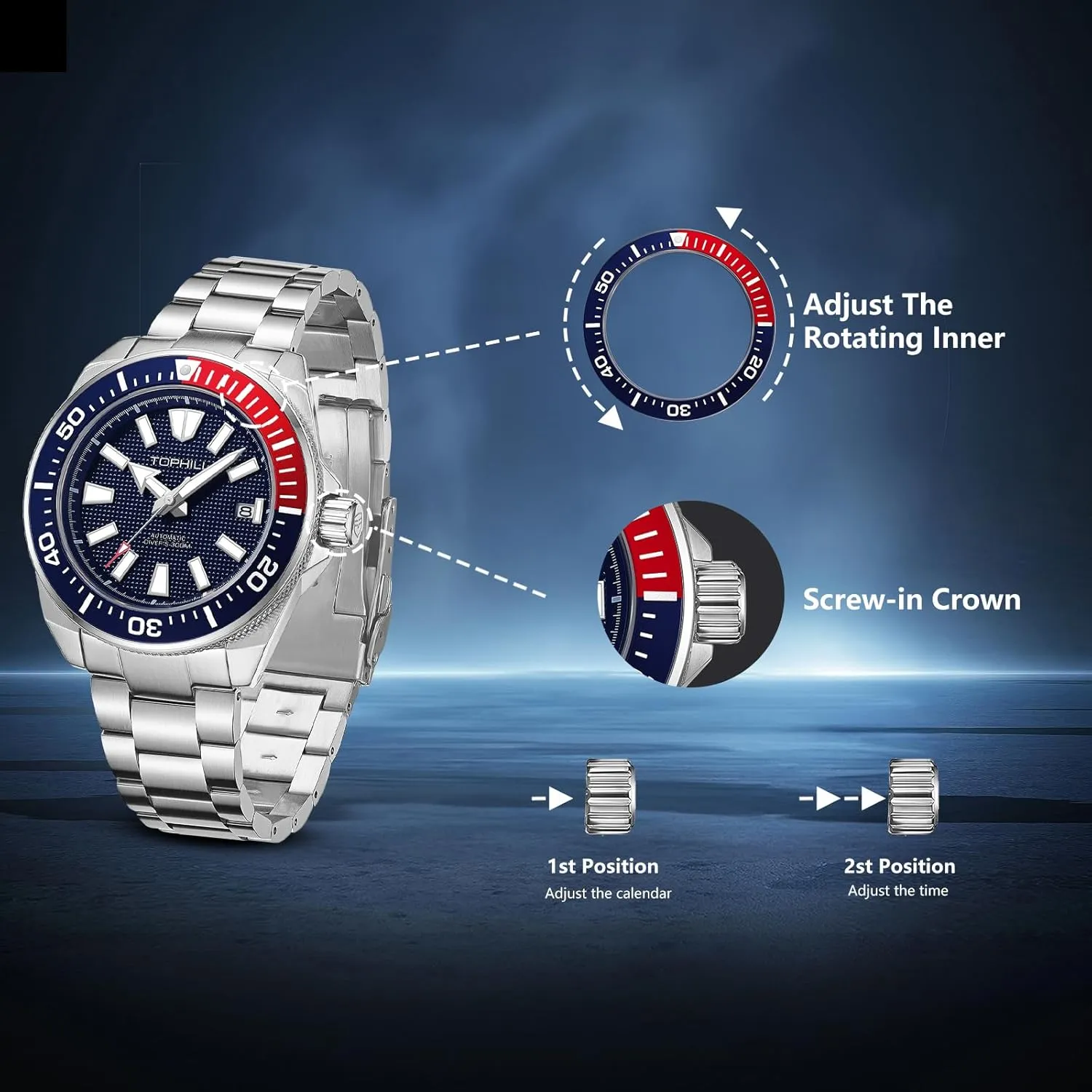 Sapphire Super C3 Luminous precursor famish hypha therapeutic herbivore Calendar Dive Watch for Men TD008G Automatic Watches for Men 43.5mm Men's Watches Automatic NH35 Mechanical 300M Waterproof 