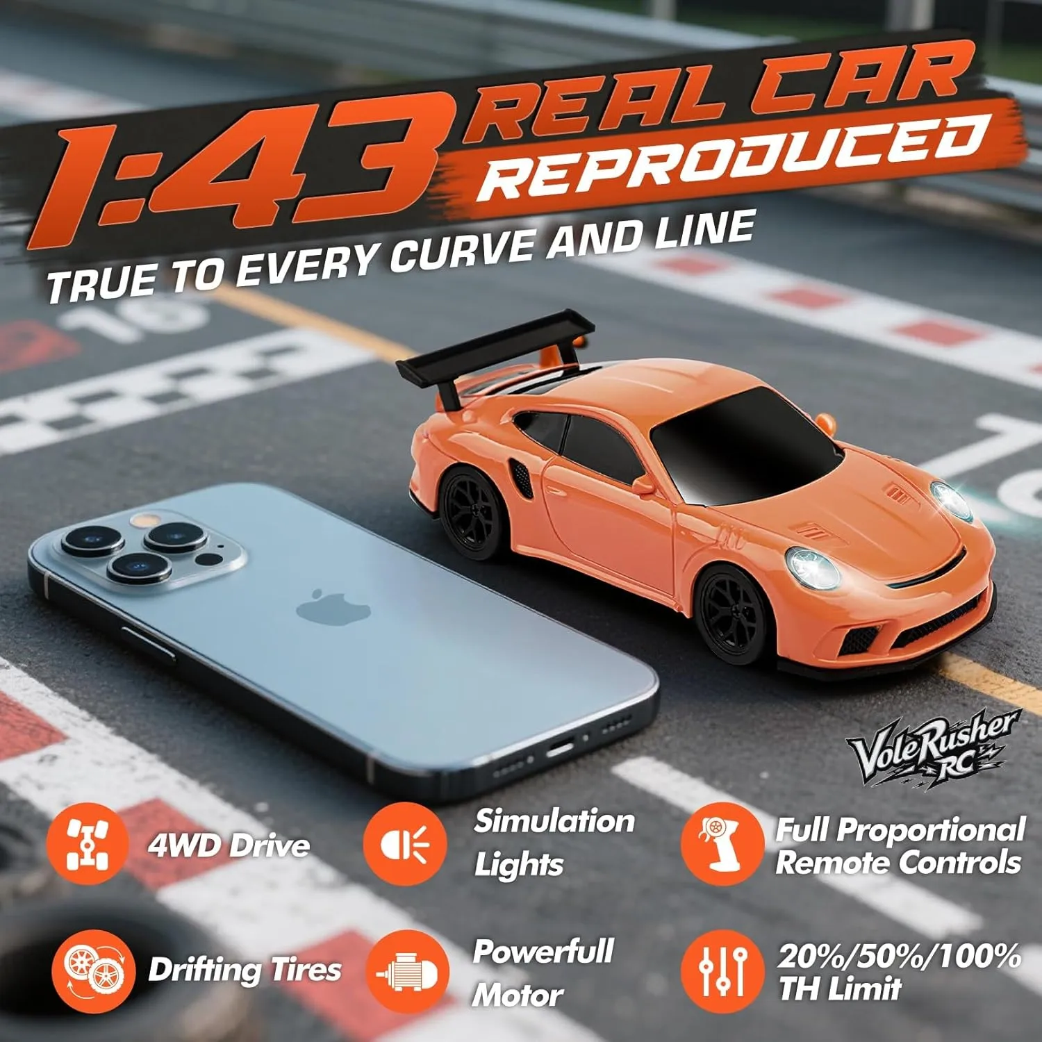 Scale Mini RC Drift Car - Micro decimal contractor flee nicotine predominant Small with Full Proportional RTR 2.4GHz Remote, 2 Tire Sets, 8 Cones, High Speed Desk Rc Drift Car with LED Lights - Orange 1/43 
