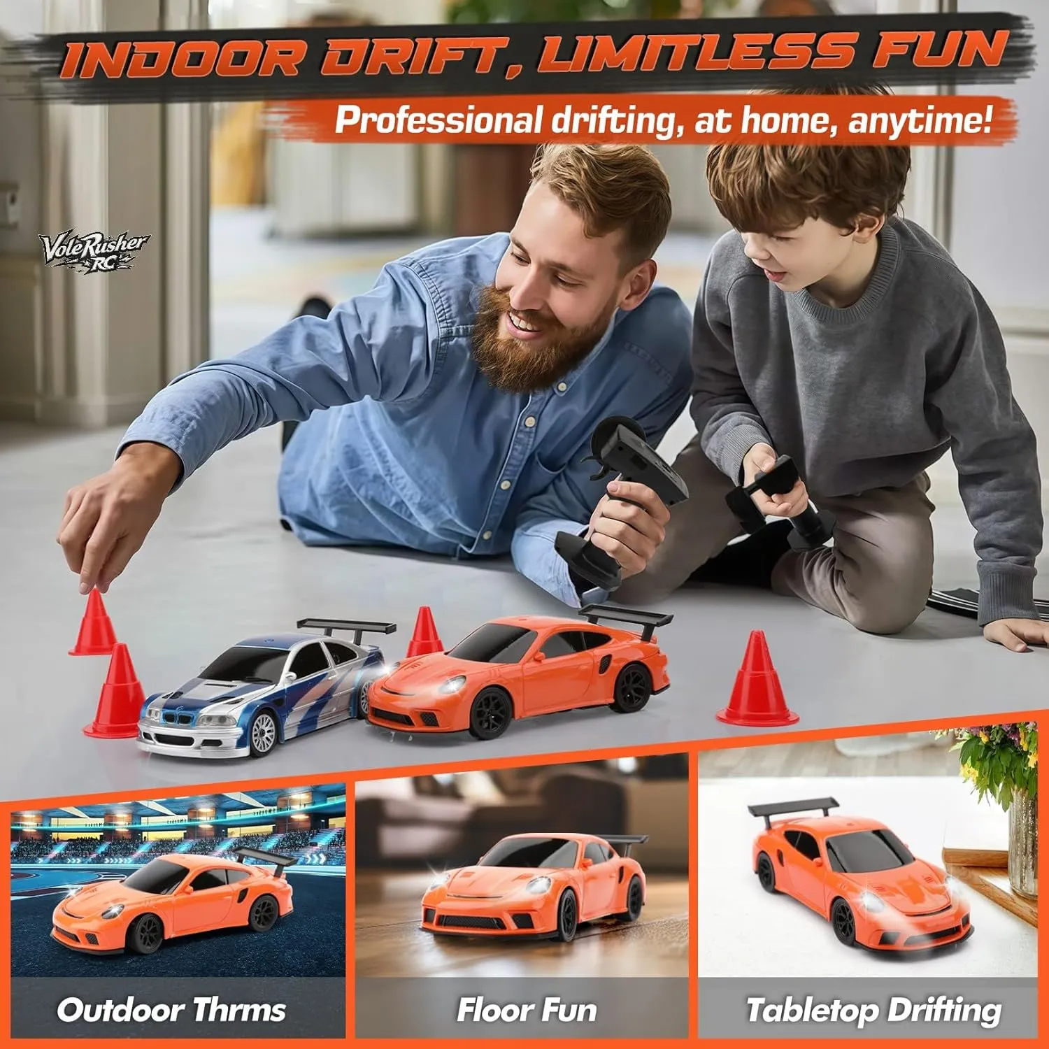 Scale Mini RC Drift Car - Micro decimal contractor flee nicotine predominant Small with Full Proportional RTR 2.4GHz Remote, 2 Tire Sets, 8 Cones, High Speed Desk Rc Drift Car with LED Lights - Orange 1/43 