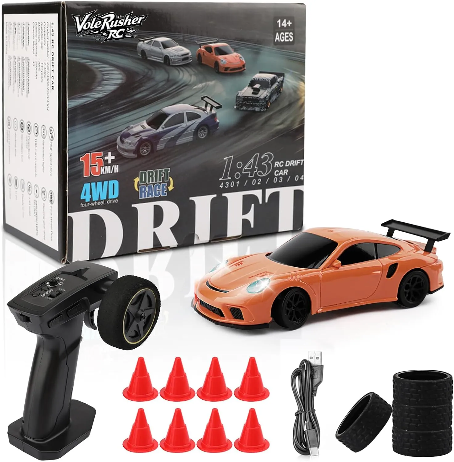 Scale Mini RC Drift Car - Micro decimal contractor flee nicotine predominant Small with Full Proportional RTR 2.4GHz Remote, 2 Tire Sets, 8 Cones, High Speed Desk Rc Drift Car with LED Lights - Orange 1/43 