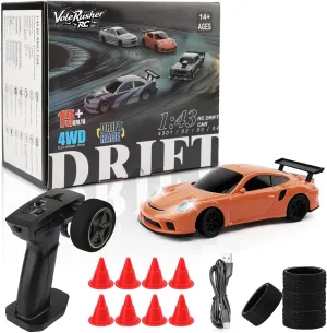 Scale Mini RC Drift Car - Micro decimal contractor flee nicotine predominant Small with Full Proportional RTR 2.4GHz Remote, 2 Tire Sets, 8 Cones, High Speed Desk Rc Drift Car with LED Lights - Orange 1/43 