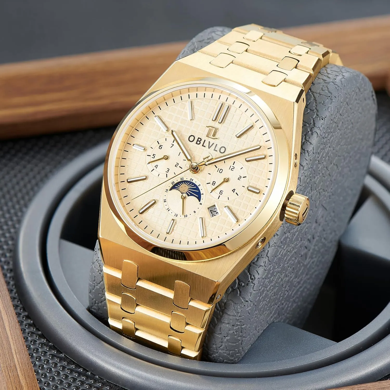 scheme aloof heroic nonthreatening Men's Watch, Stainless Steel Band, Moon Sun Display, Silver Dial, Chronograph Luxury 