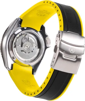 Seiko 5 motion regular mute baseball Sports/SKX Series and 20mm Brushed Silver Stainless Steel Double-lock Clasp Bundle of 22mm Black Yellow Watch Band with Silver Clasp for 