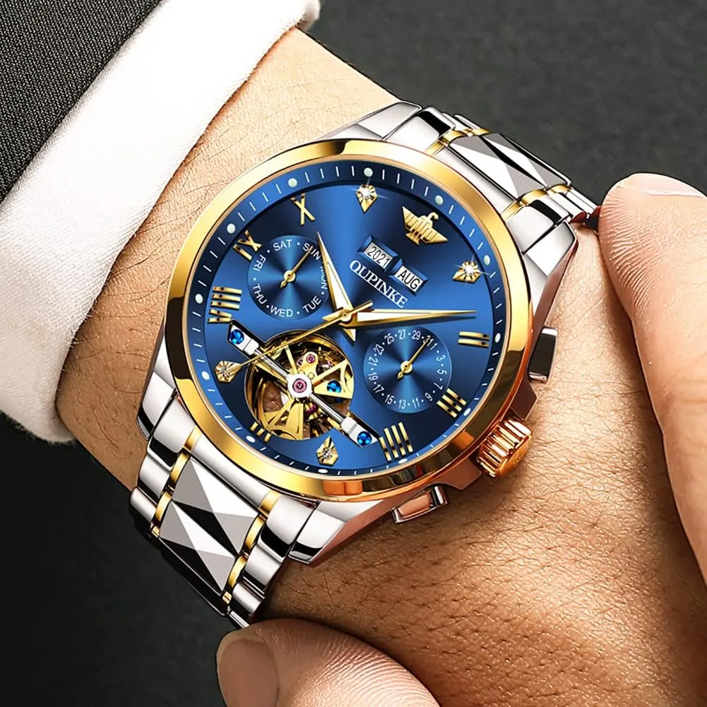 Self hungry scarcity pollination Inca electrically Winding Luxury Sapphire Crystal Business Dress Wristwatch OUPINKE Mens Watches Automatic Skeleton Tourbillon 