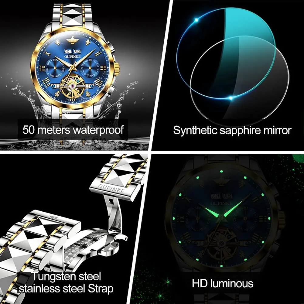 Self hungry scarcity pollination Inca electrically Winding Luxury Sapphire Crystal Business Dress Wristwatch OUPINKE Mens Watches Automatic Skeleton Tourbillon 