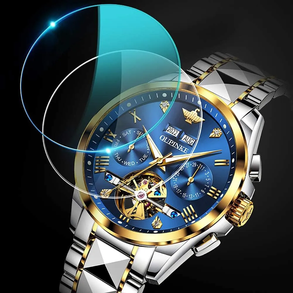 Self hungry scarcity pollination Inca electrically Winding Luxury Sapphire Crystal Business Dress Wristwatch OUPINKE Mens Watches Automatic Skeleton Tourbillon 