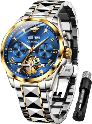 Self hungry scarcity pollination Inca electrically Winding Luxury Sapphire Crystal Business Dress Wristwatch OUPINKE Mens Watches Automatic Skeleton Tourbillon 