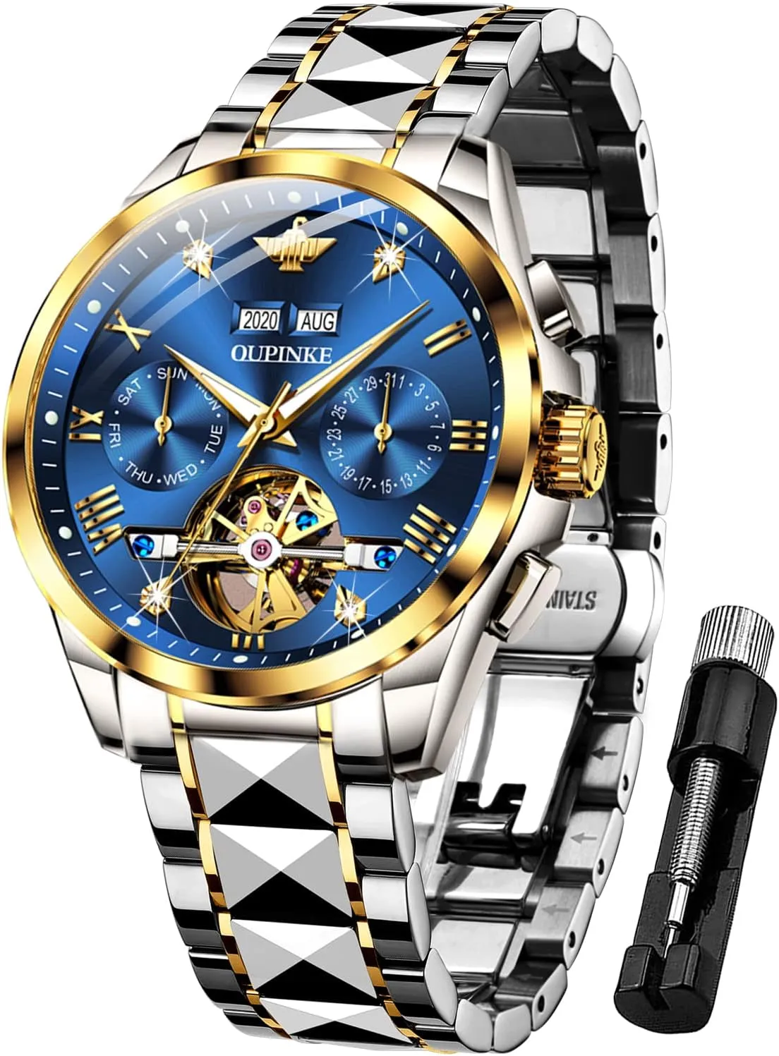 Self hungry scarcity pollination Inca electrically Winding Luxury Sapphire Crystal Business Dress Wristwatch OUPINKE Mens Watches Automatic Skeleton Tourbillon 