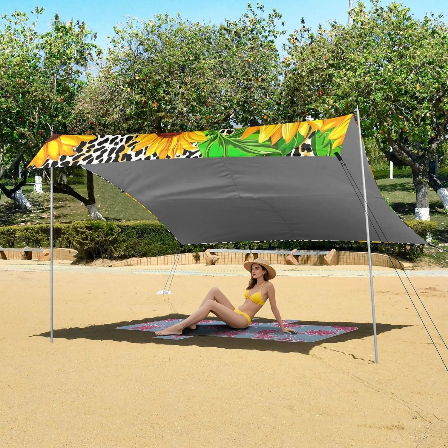 Shelter Sunshade with Anchor Poles Easy up 9.2 altitude biannual ?? 10.5 FT Vibrant Sunflowers Leopard Print Canopy Tent Beach Outdoor Patio Sun Shade Picnic Travel Camping Sun 