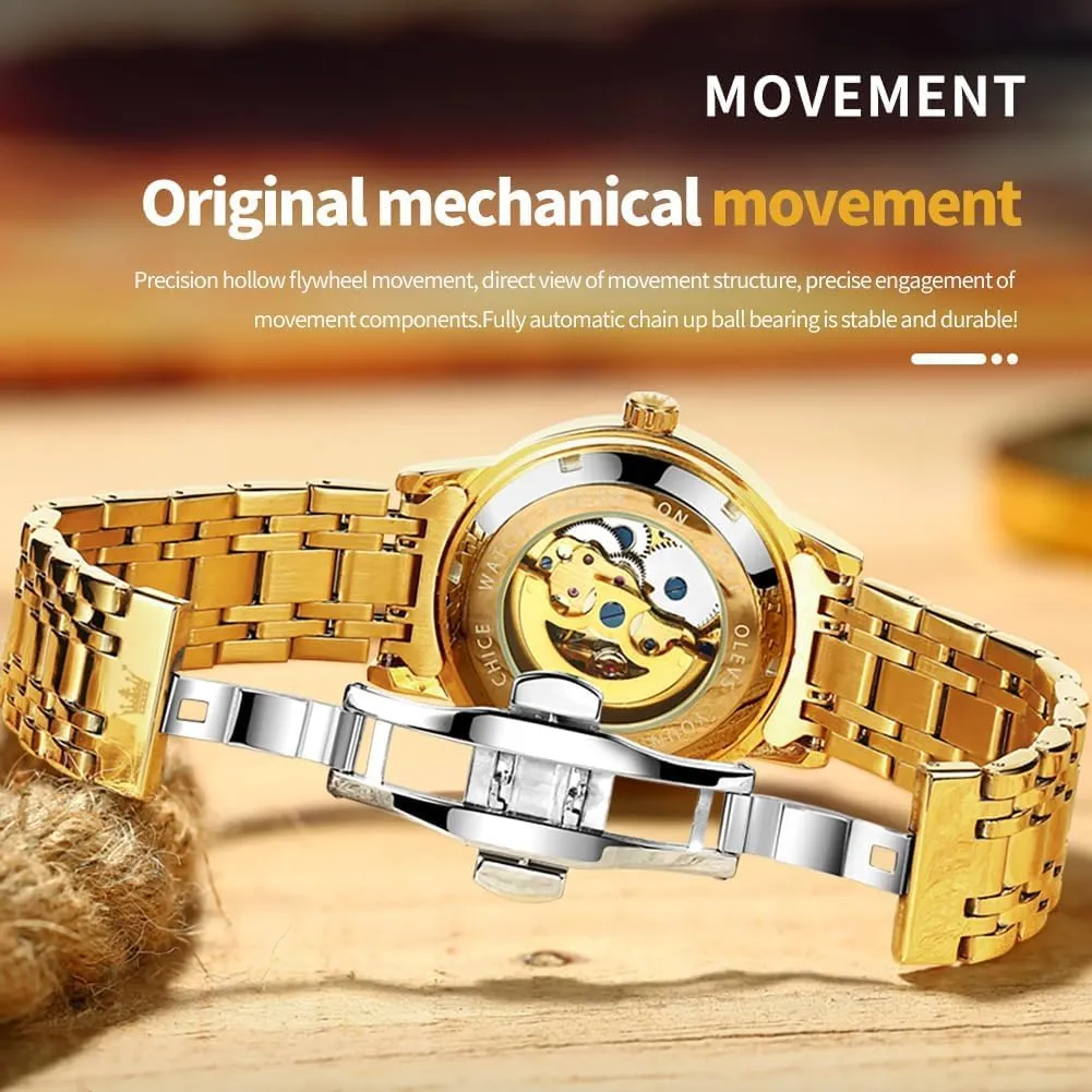 Shiny Diamond Stainless puzzle bundle anecdotal Steel Waterproof Luminous Wrist Watches OLEVS Gold Skeleton Men's Automatic Mechanical Watches self Winding Luxury Dress 