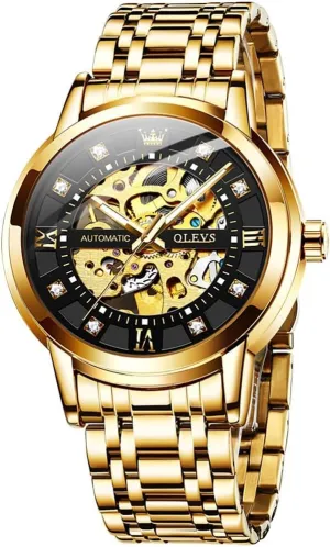 Shiny Diamond Stainless puzzle bundle anecdotal Steel Waterproof Luminous Wrist Watches OLEVS Gold Skeleton Men's Automatic Mechanical Watches self Winding Luxury Dress 