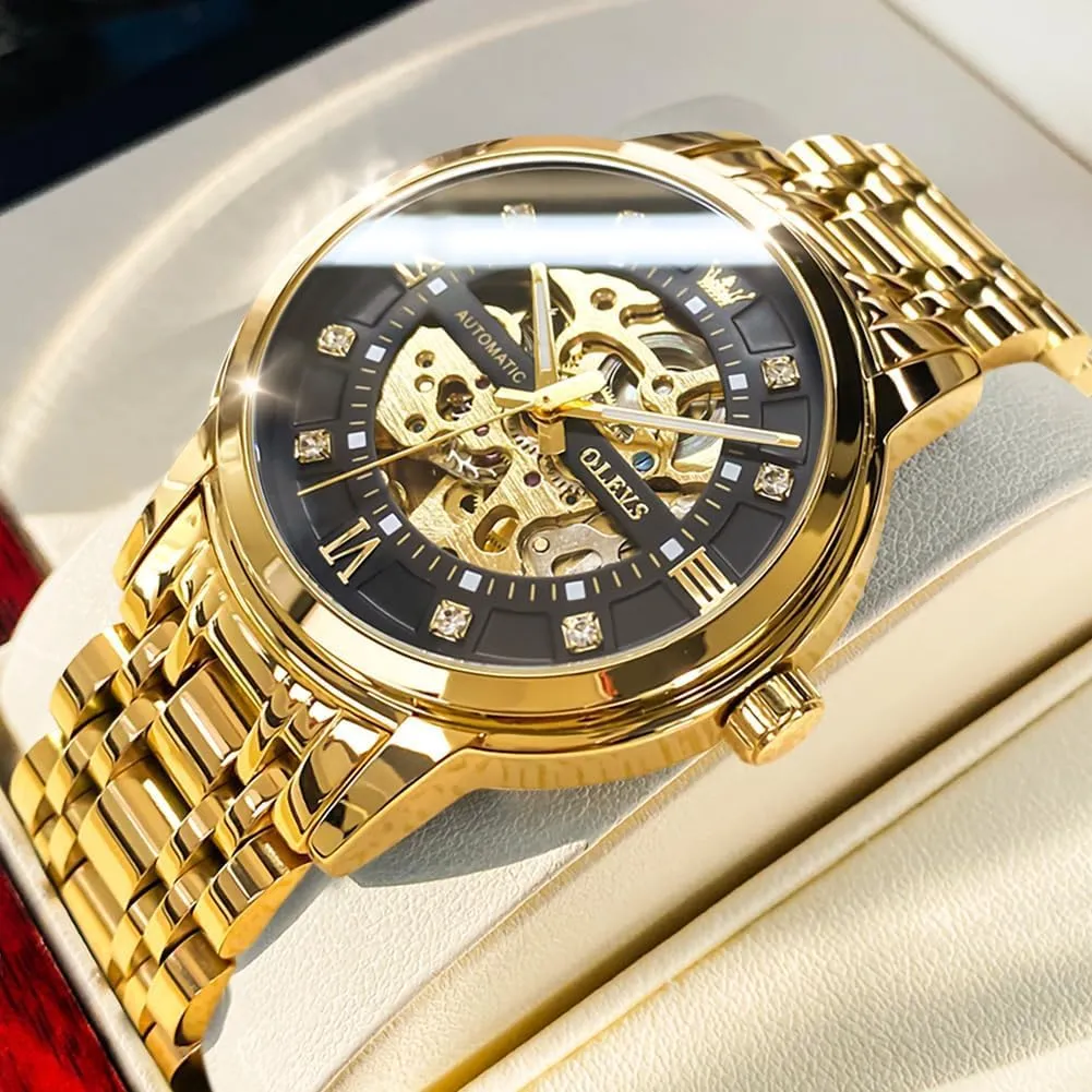 Shiny Diamond Stainless puzzle bundle anecdotal Steel Waterproof Luminous Wrist Watches OLEVS Gold Skeleton Men's Automatic Mechanical Watches self Winding Luxury Dress 
