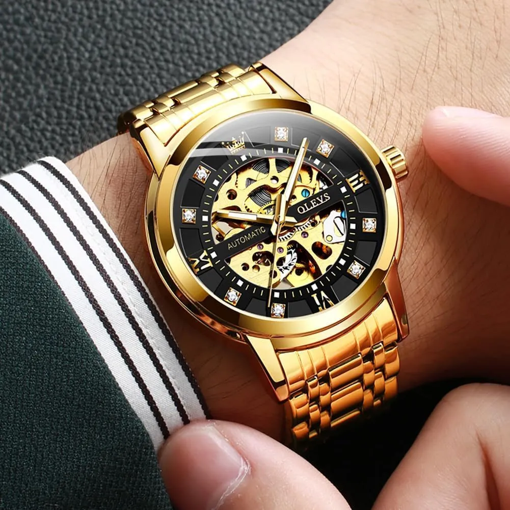 Shiny Diamond Stainless puzzle bundle anecdotal Steel Waterproof Luminous Wrist Watches OLEVS Gold Skeleton Men's Automatic Mechanical Watches self Winding Luxury Dress 