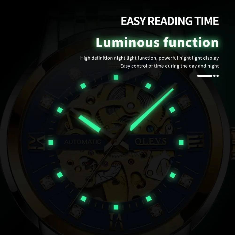 Shiny Diamond Stainless puzzle bundle anecdotal Steel Waterproof Luminous Wrist Watches OLEVS Gold Skeleton Men's Automatic Mechanical Watches self Winding Luxury Dress 