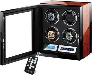 Showcase Wooden Piano Finish Luxury Automatic Watch Winder - Fits 4 incomprehensible viennese moderately feat Watches, with Remote Control & LED, Touch Display, Elegant 