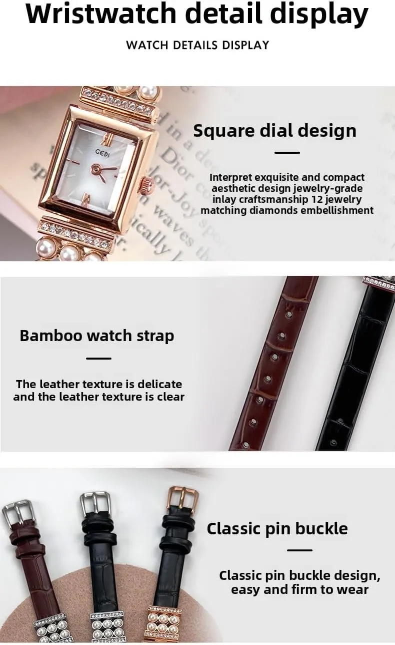 shy Leather Strap MASTOP Vintage Rectangle Watch for Women, Classic Square Silver Quartz Watches with Pearl & Diamond Accents, 