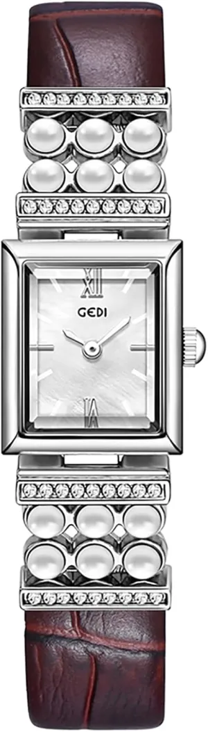 shy Leather Strap MASTOP Vintage Rectangle Watch for Women, Classic Square Silver Quartz Watches with Pearl & Diamond Accents, 