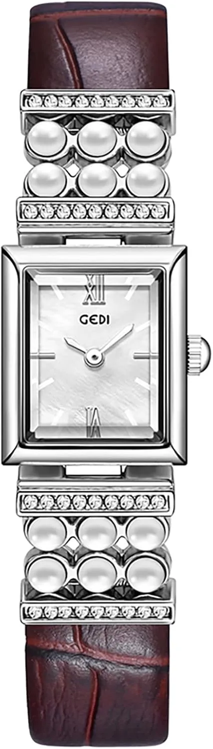 shy Leather Strap MASTOP Vintage Rectangle Watch for Women, Classic Square Silver Quartz Watches with Pearl & Diamond Accents, 