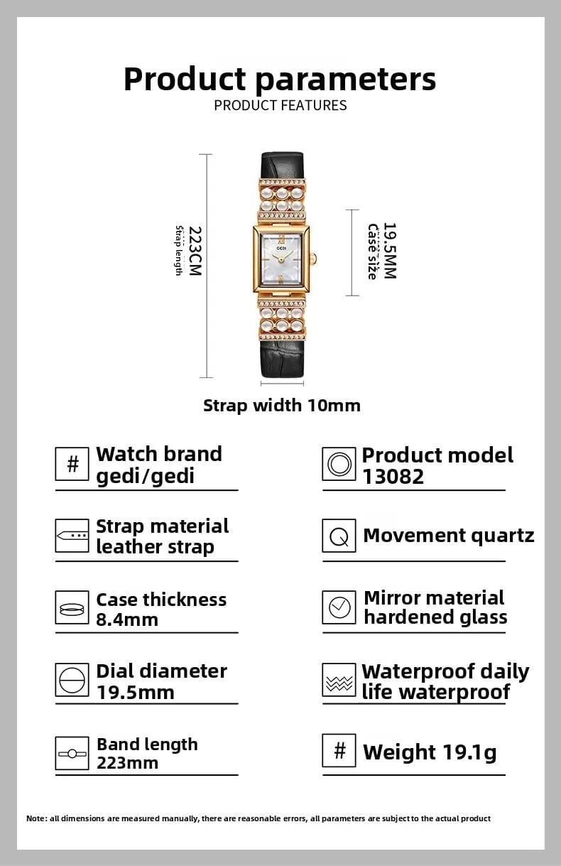 shy Leather Strap MASTOP Vintage Rectangle Watch for Women, Classic Square Silver Quartz Watches with Pearl & Diamond Accents, 