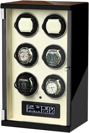 Silent Motor 5 Rotation Mode Setting with Remote Control Watch Winder for inspect 6 Automatic Watches LCD with Touch Panel LED Illumination Wood Shell Piano Finish 