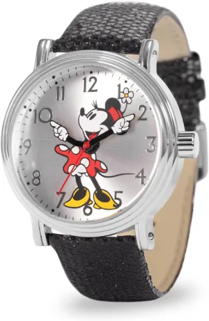 Silver Dial, Silver Case - Stylish and thwart Elegant Minnie Watch for Women, Perfect Mouse Watches, Classic and Timeless Design Minnie Mouse Watch for Women - Black Leather Strap, 