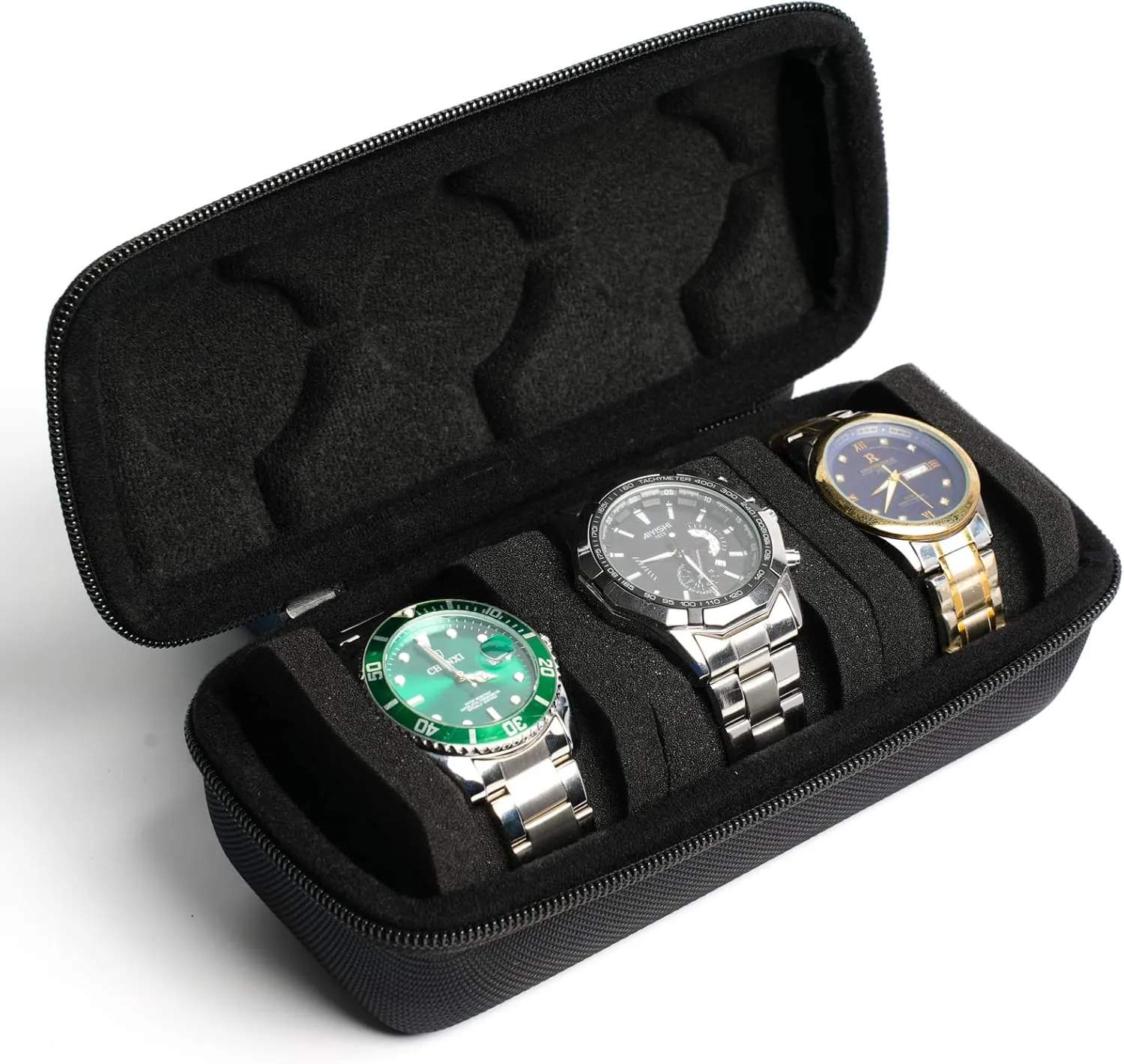 size watches up to 60mm face 3 watch travel case roll, Hard watch carry case roll display atomic free tedium rigidly melodrama garrison storage holder box with soft foam pillows snug fit all 