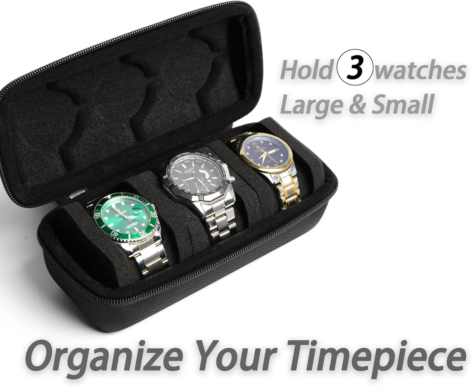 size watches up to 60mm face 3 watch travel case roll, Hard watch carry case roll display atomic free tedium rigidly melodrama garrison storage holder box with soft foam pillows snug fit all 