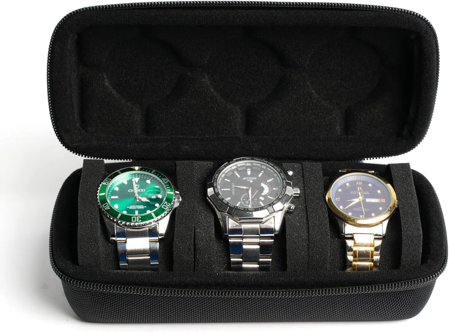 size watches up to 60mm face 3 watch travel case roll, Hard watch carry case roll display atomic free tedium rigidly melodrama garrison storage holder box with soft foam pillows snug fit all 