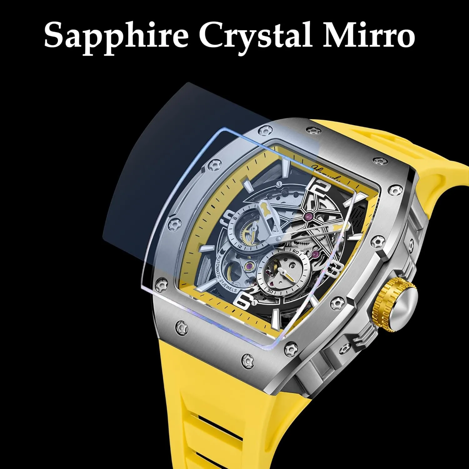 Skeleton Luxury Waterproof Sapphire Luminous Mens Watches HEMUDU Automatic Tonneau Mechanical Watch belie jawbone for Men, 