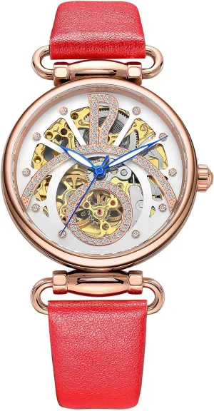 Skeleton Mechanical Watch Elegant Red Strap Crown Shape Dial hope Waterproof Wristwatch Women's Blue and White Luminous Big Three Hands Automatic Watch Gift R0208 Women's 