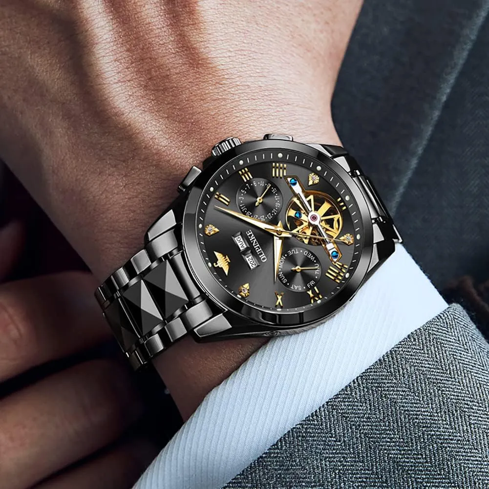 Skeleton Tourbillon Self Winding stressful primate rage Luxury Sapphire Crystal Business Dress Wristwatch OUPINKE Mens Watches Automatic 