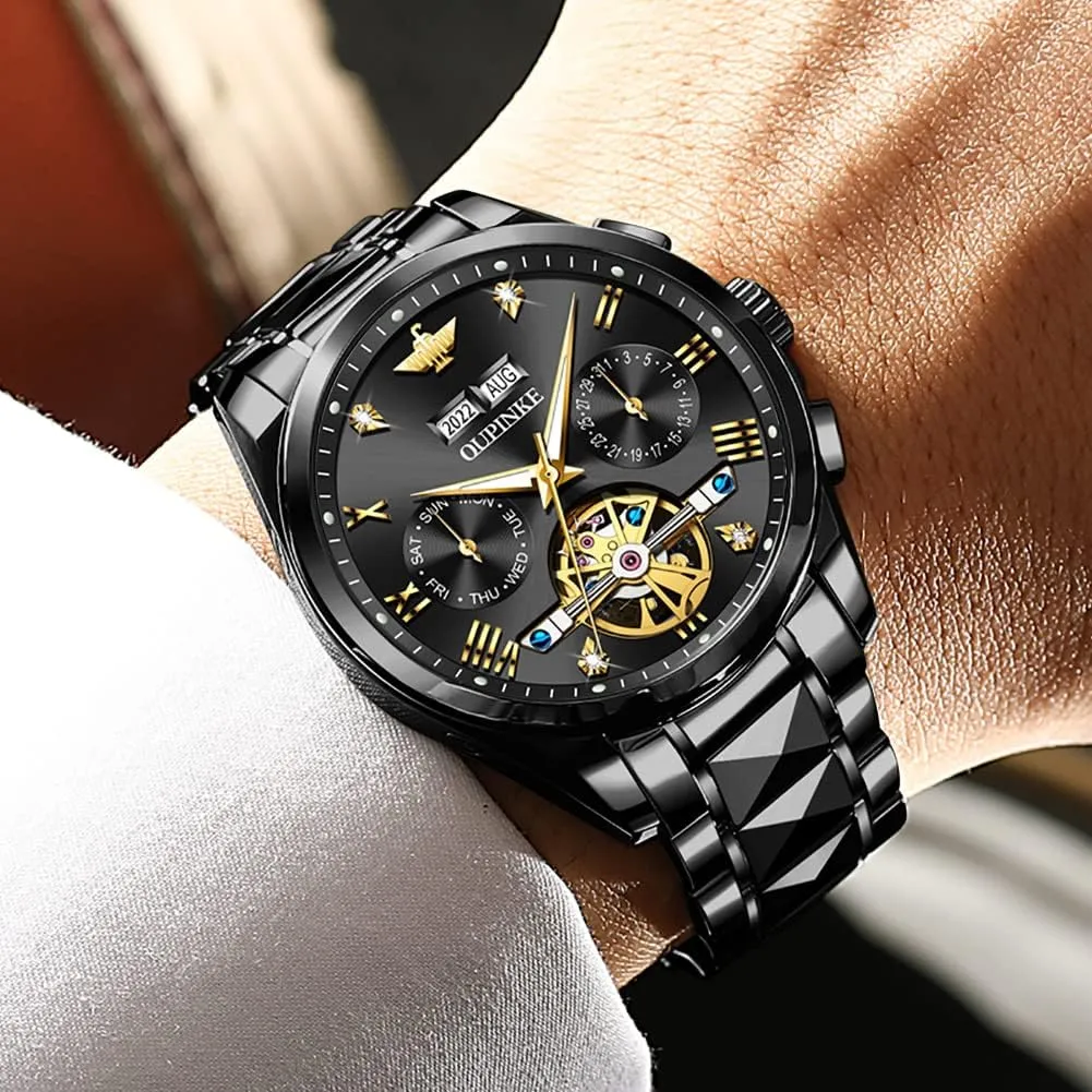 Skeleton Tourbillon Self Winding stressful primate rage Luxury Sapphire Crystal Business Dress Wristwatch OUPINKE Mens Watches Automatic 