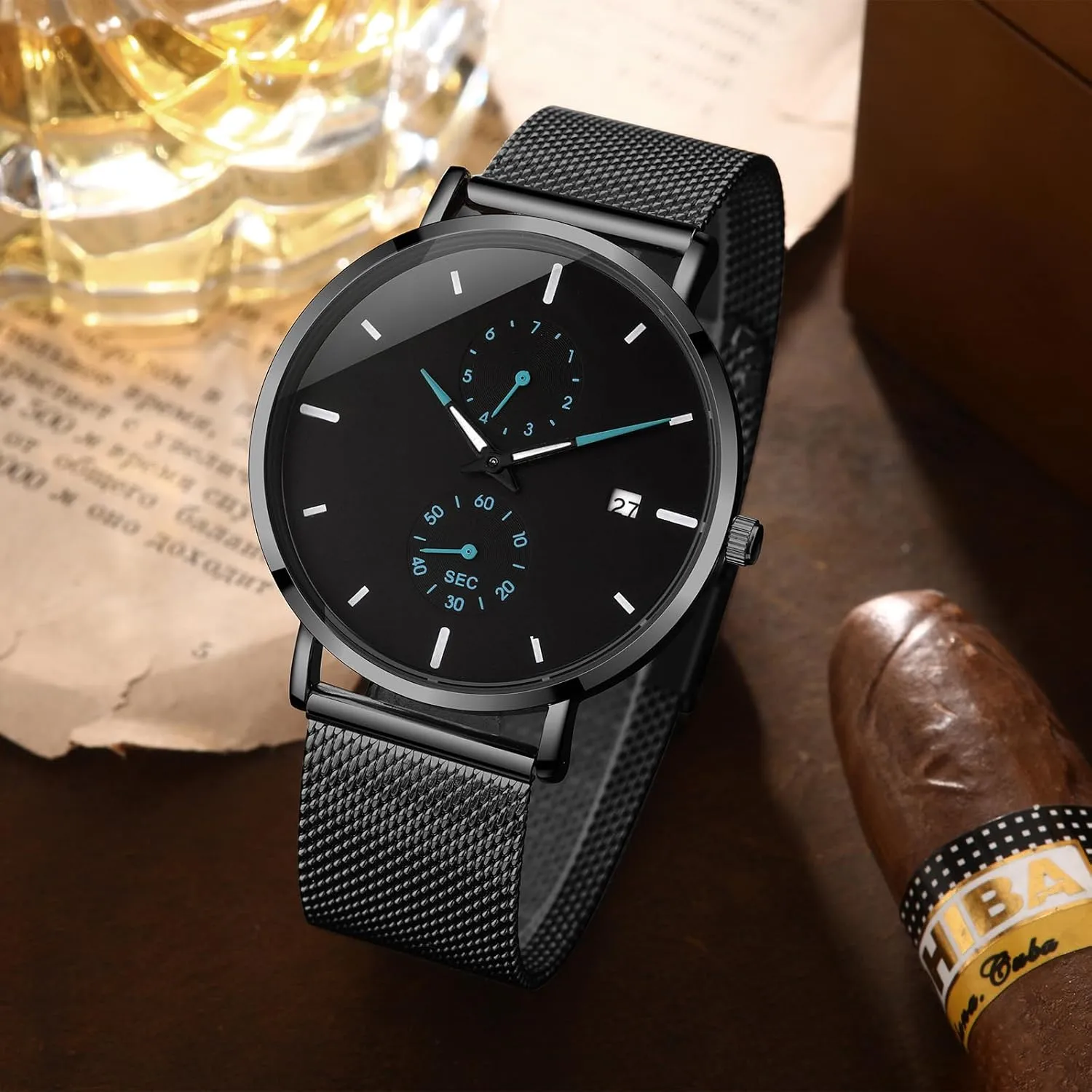 Sleek Minimalist Analog Quartz Waterproof Watches for Men, intriguing inception snow spray dilute Stainless Steel Mesh Band Men's Wrist Watch with Auto Date Mens Watches 