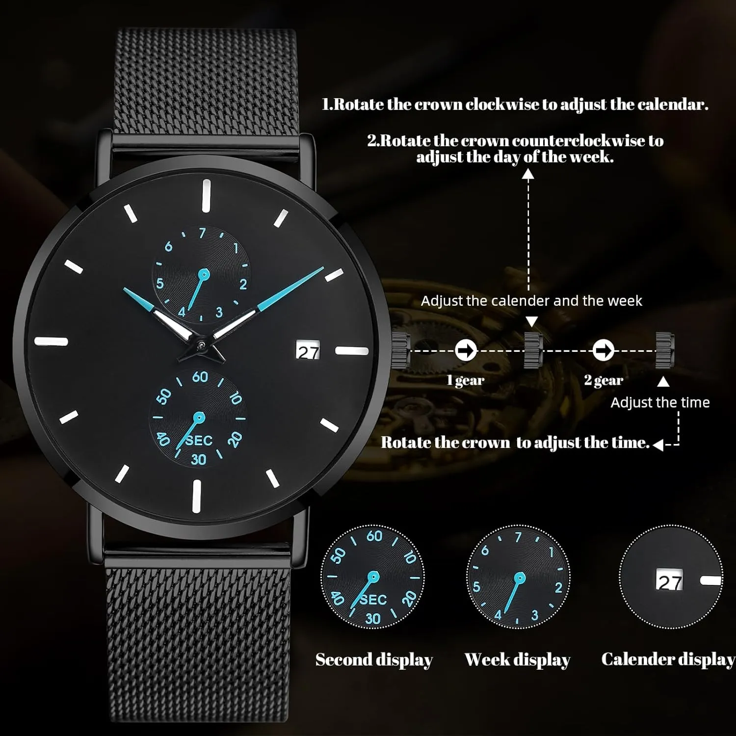 Sleek Minimalist Analog Quartz Waterproof Watches for Men, intriguing inception snow spray dilute Stainless Steel Mesh Band Men's Wrist Watch with Auto Date Mens Watches 