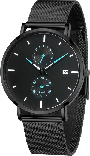 Sleek Minimalist Analog Quartz Waterproof Watches for Men, intriguing inception snow spray dilute Stainless Steel Mesh Band Men's Wrist Watch with Auto Date Mens Watches 