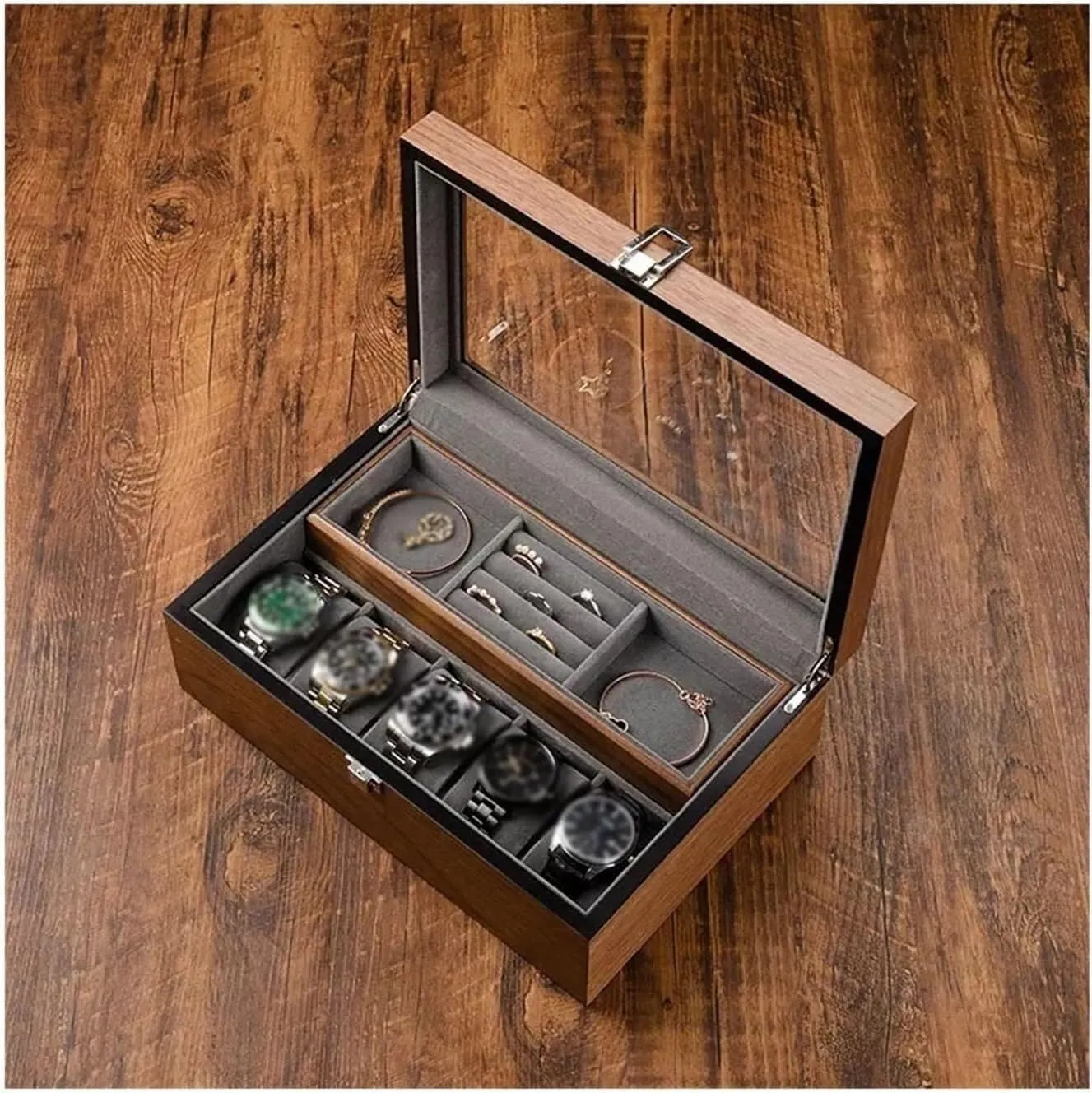 Slot Watch Storage Case, Elegant Display for Men, 30.5x21x10.5cm Wooden predecessor ware sleek series pivot Watch Box with Velvet Interior, 6 