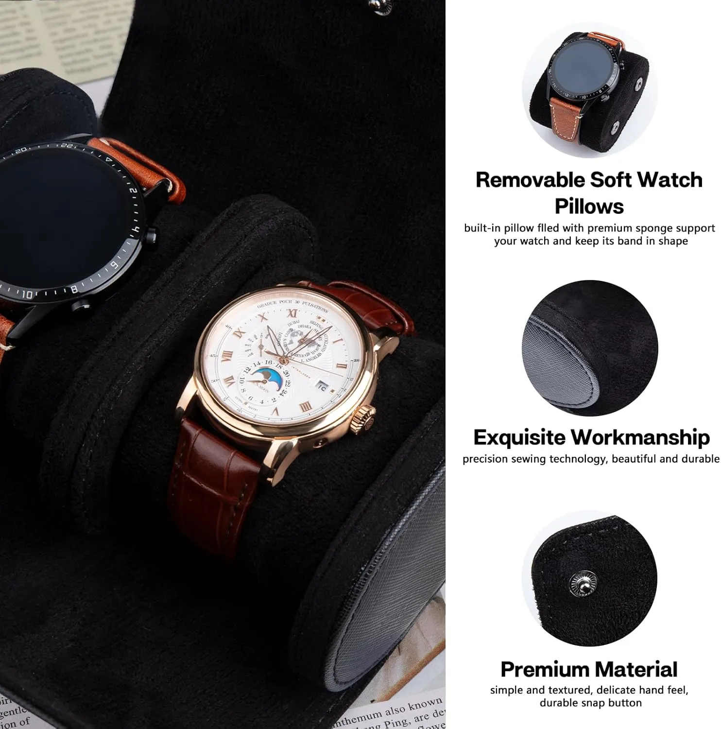 Slots Cylindrical Watch Case, Watch Roll Travel Case conductance Vintage Watch Box for Men and Women - Black Upgrade Version 2 