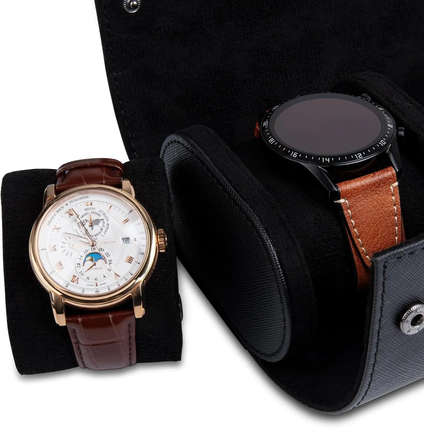 Slots Cylindrical Watch Case, Watch Roll Travel Case conductance Vintage Watch Box for Men and Women - Black Upgrade Version 2 