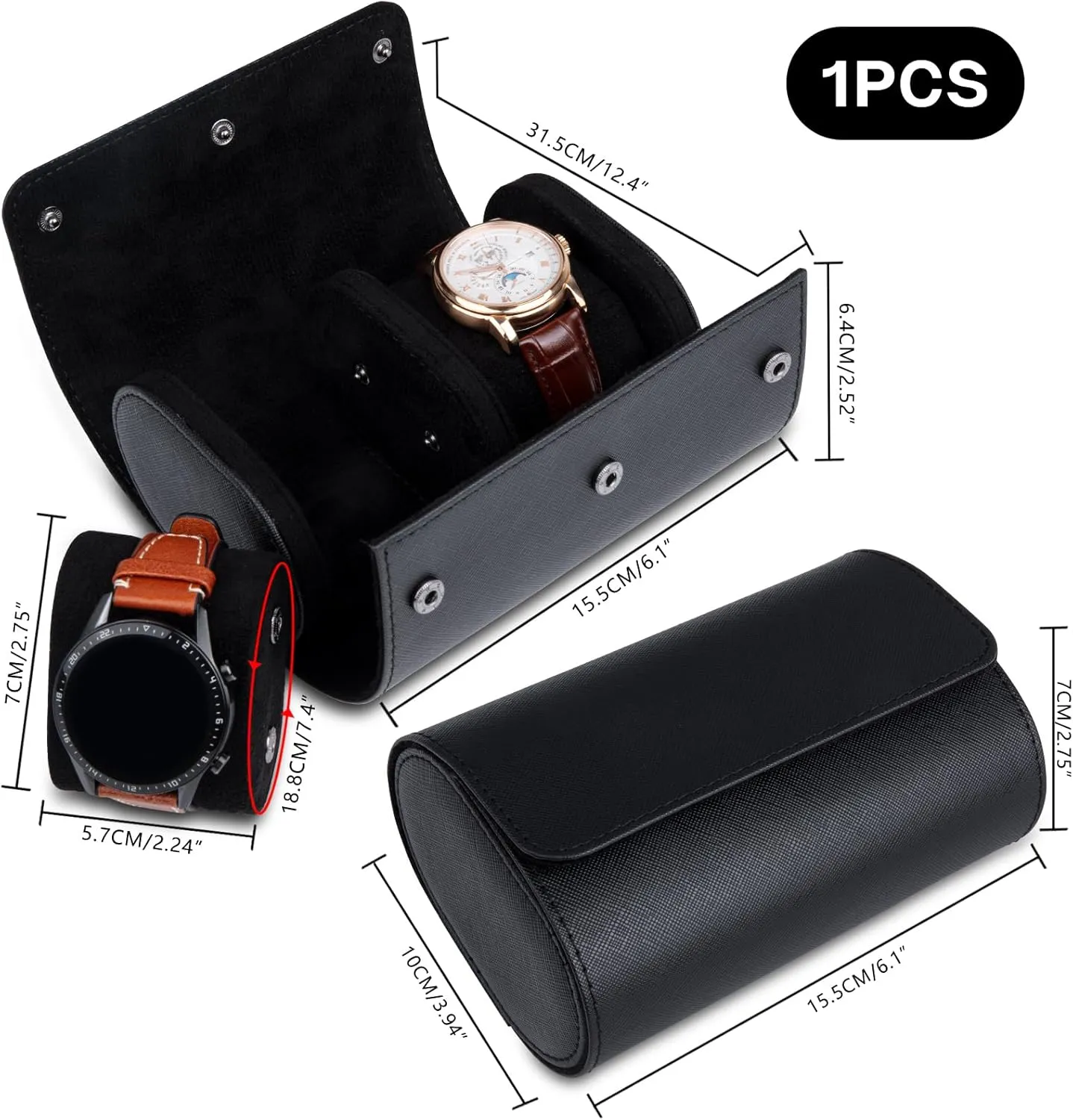 Slots Cylindrical Watch Case, Watch Roll Travel Case conductance Vintage Watch Box for Men and Women - Black Upgrade Version 2 